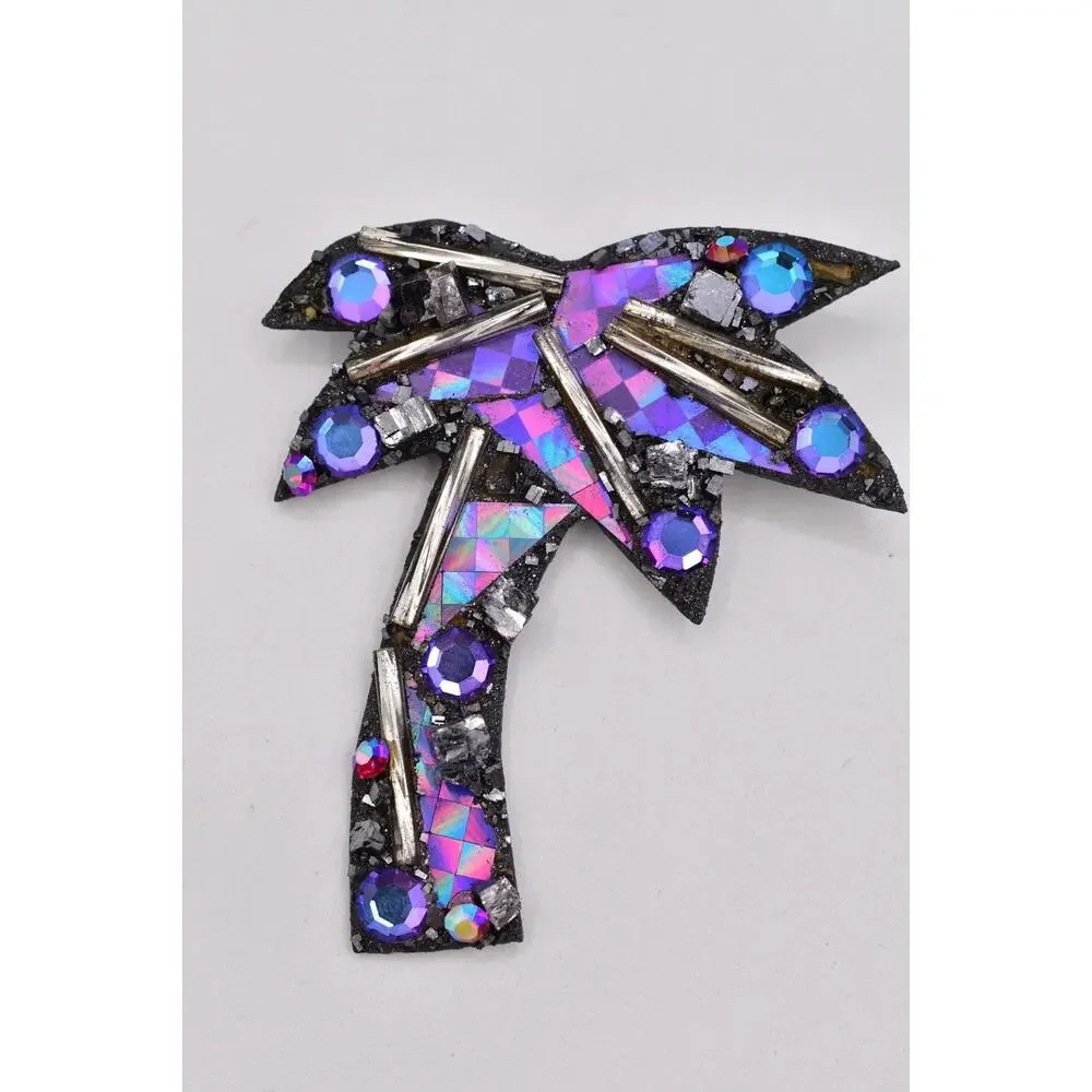 Vintage Designer Signed Palm Tree Brooch Purple Mosaic Galena Crystal Pin BinBI